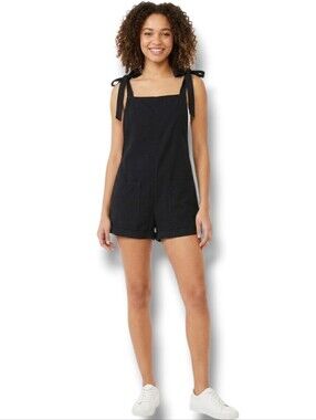 SHEIN Women’s Black Tie-Shoulder Overall Romper Shorts – Size M, 100% Cotton